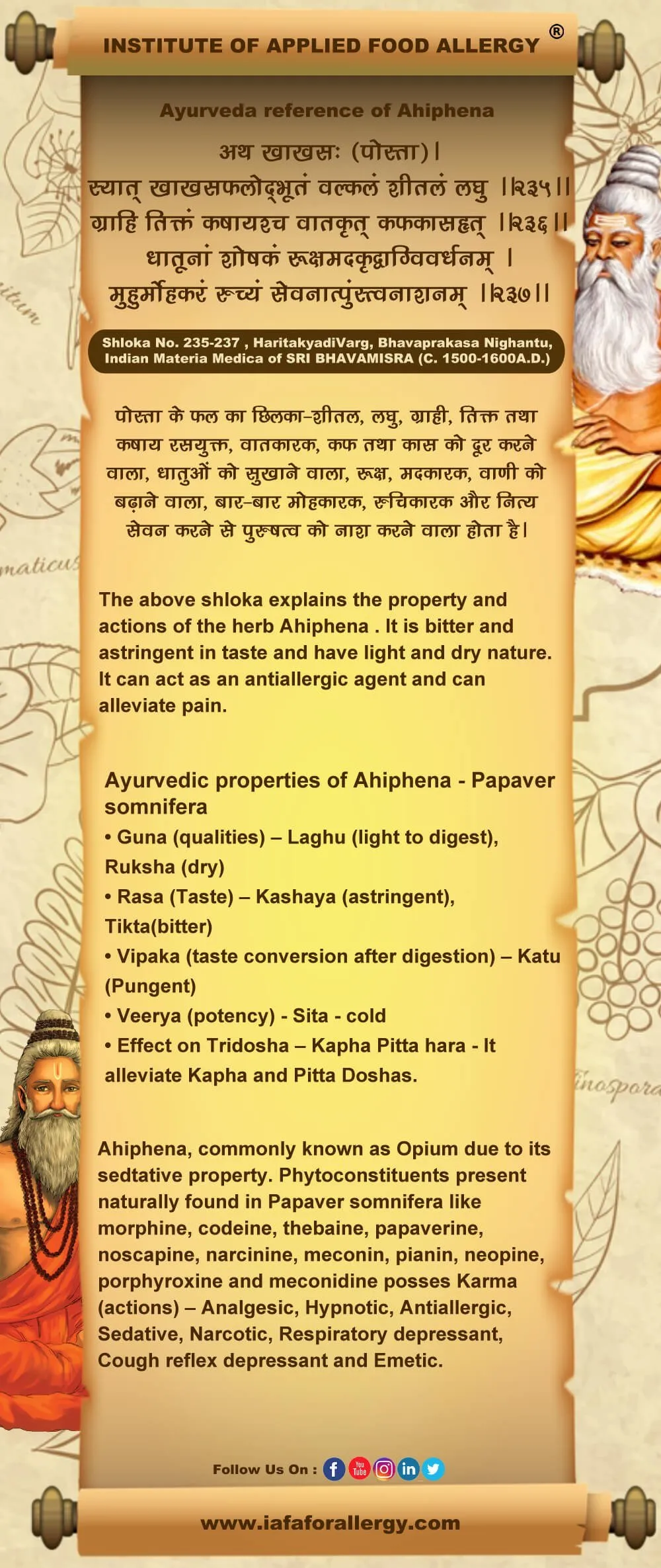Ayurveda reference of Ahiphena - Papaver somnifera